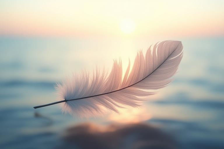 Astratto: una fusione di una piuma dettagliata con un paesaggio marino sereno, che simboleggia precisione e ispirazione.
